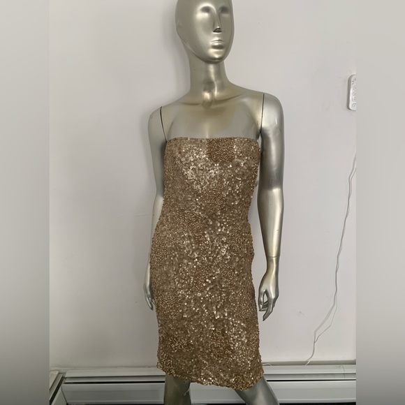 Strapless Embellished beaded Gold Sequin Evening Midi Dress Size 6 prom wedding - Picture 2 of 12
